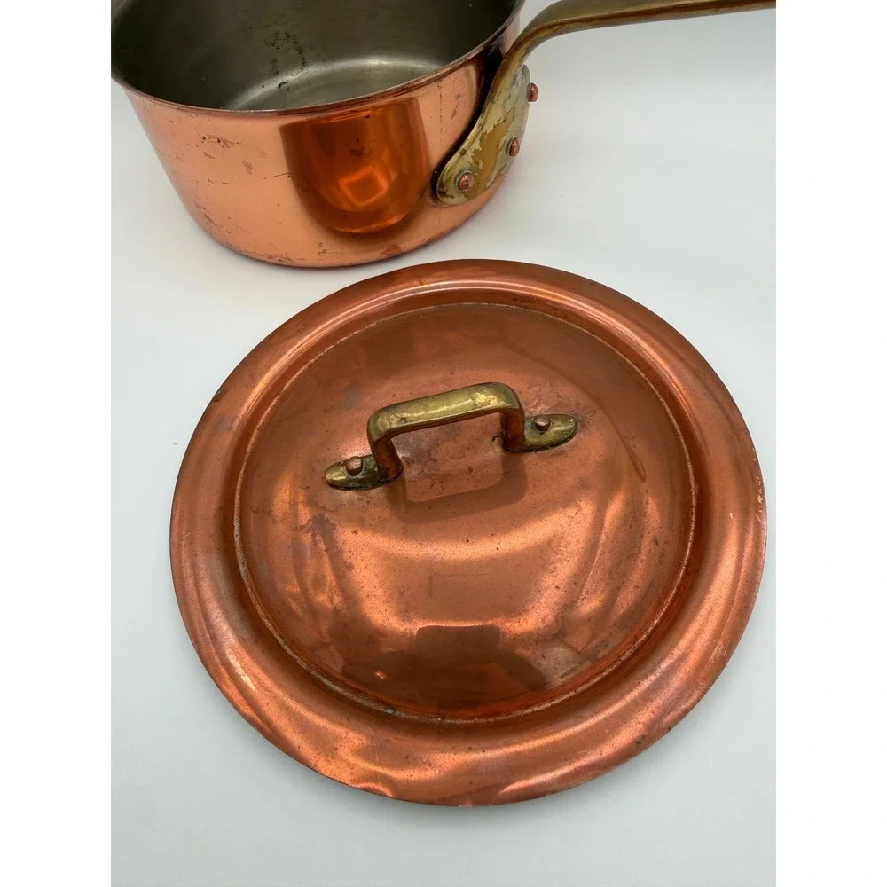 Vintage Copral Copper Saucepan with Lid Made in Portugal Brass Handle 7 inch
